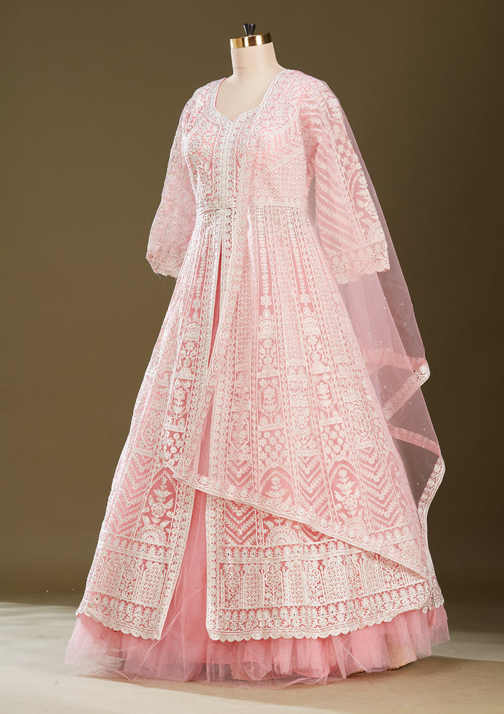 Pink Threadwork Net Readymade Lehenga