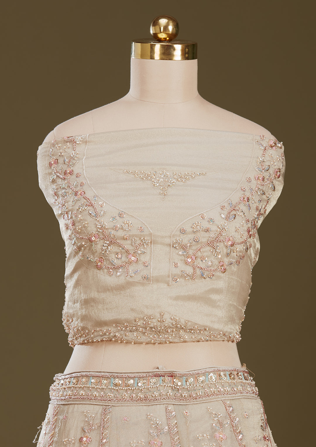 Beige Cording Tissue Readymade Lehenga