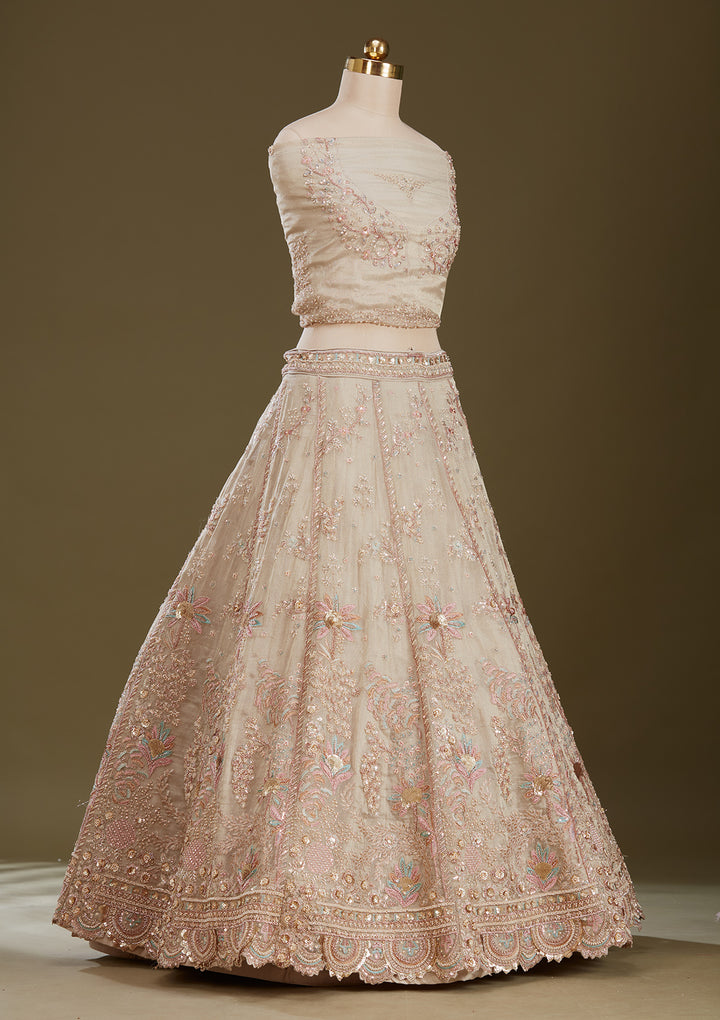 Beige Cording Tissue Readymade Lehenga