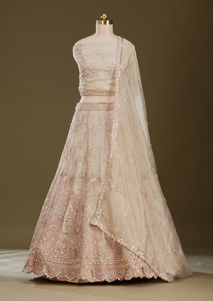 Beige Cording Tissue Readymade Lehenga