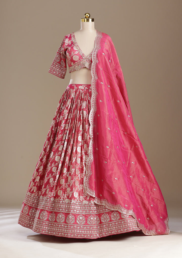 Gajari Pink Cording Banarasi Readymade Lehenga