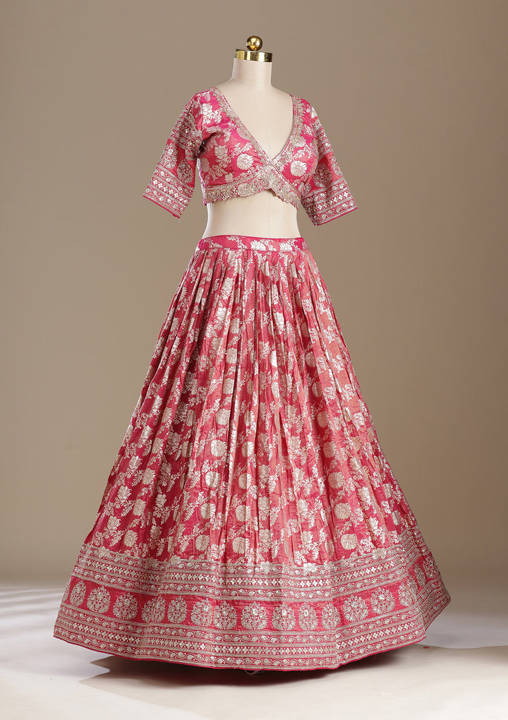 Gajari Pink Cording Banarasi Readymade Lehenga