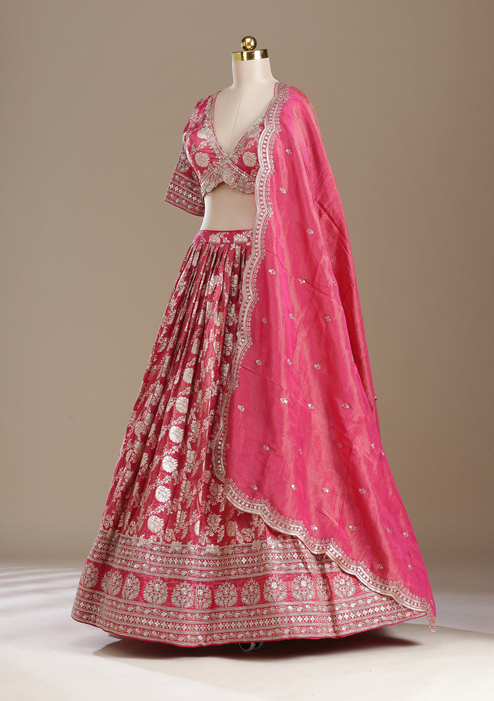 Gajari Pink Cording Banarasi Readymade Lehenga