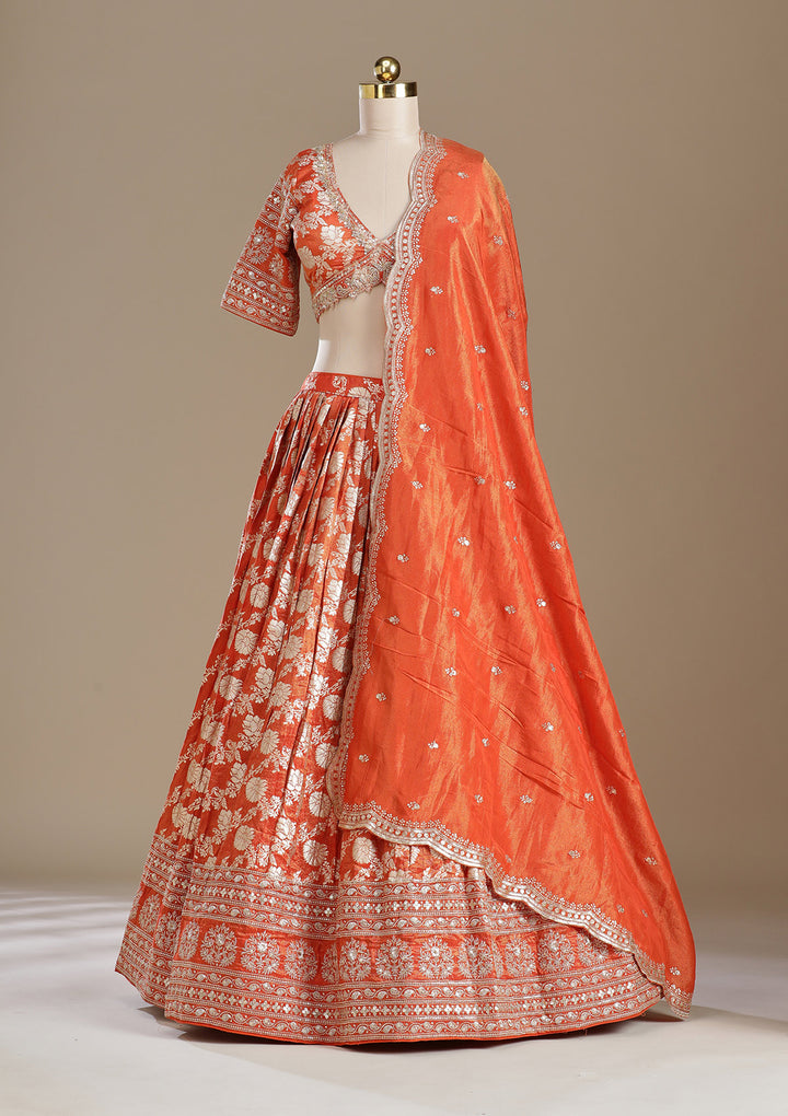 Light Orange Cording Banarasi Readymade Lehenga