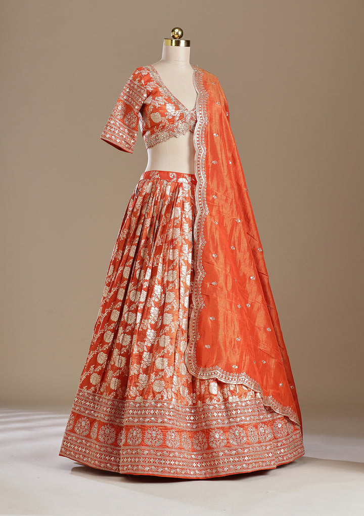 Light Orange Cording Banarasi Readymade Lehenga
