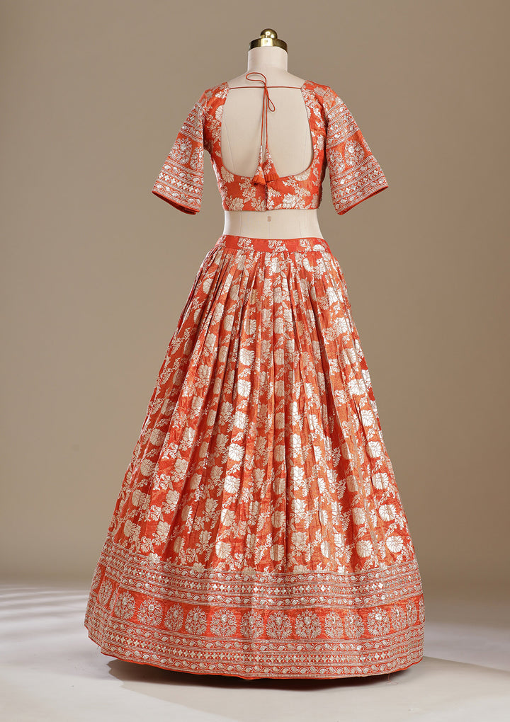 Light Orange Cording Banarasi Readymade Lehenga