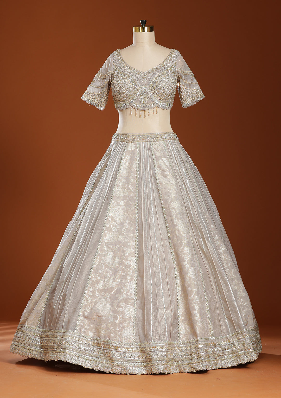 Grey Mirrorwork Organza Readymade Lehenga