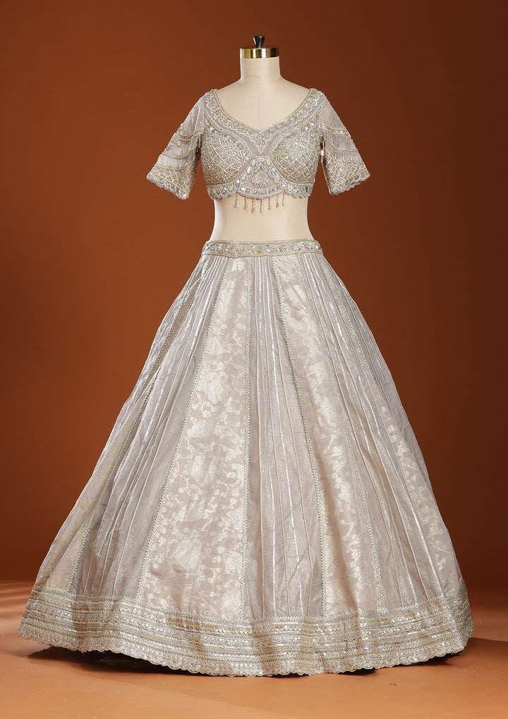 Grey Mirrorwork Organza Readymade Lehenga