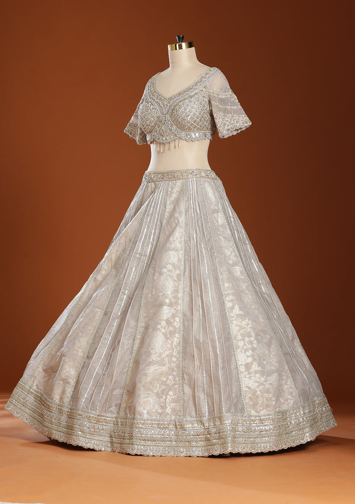 Grey Mirrorwork Organza Readymade Lehenga