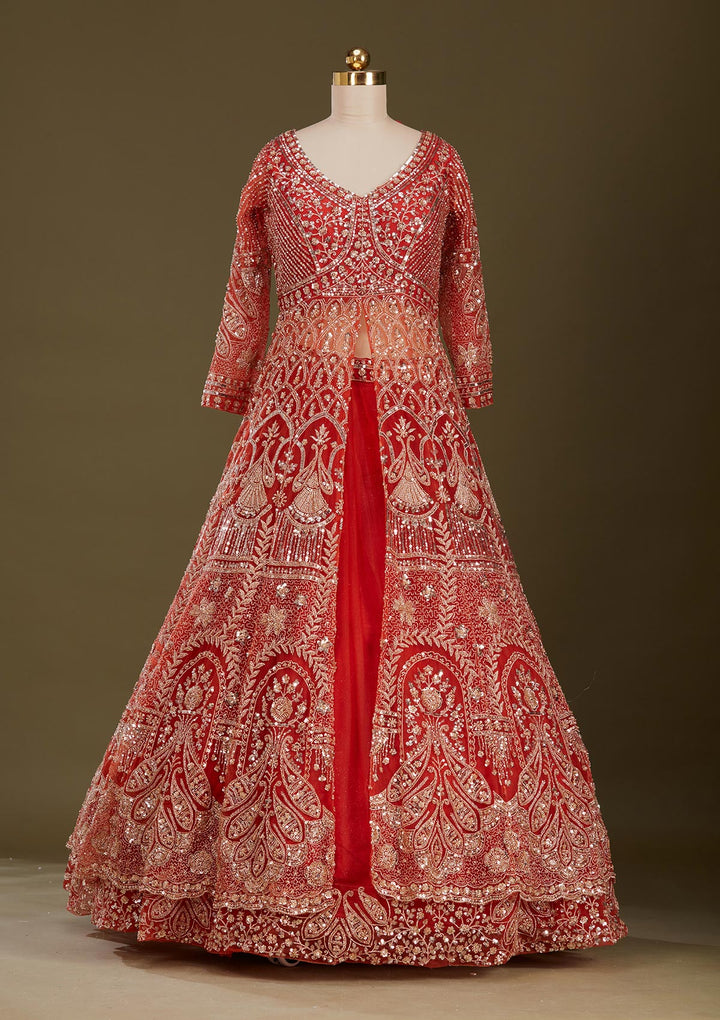 Rust Cutdana Net Readymade Lehenga