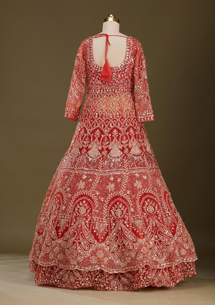 Rust Cutdana Net Readymade Lehenga