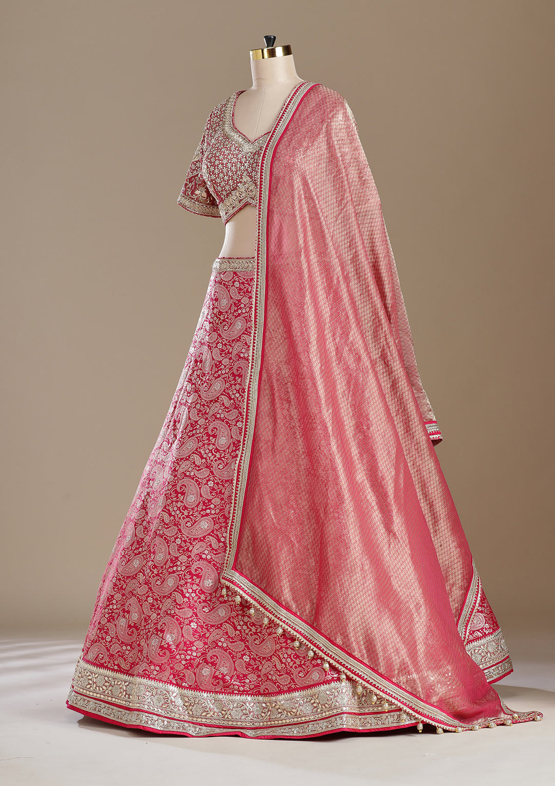 Rani Pink Zariwork (Gold) Banarasi Readymade Lehenga