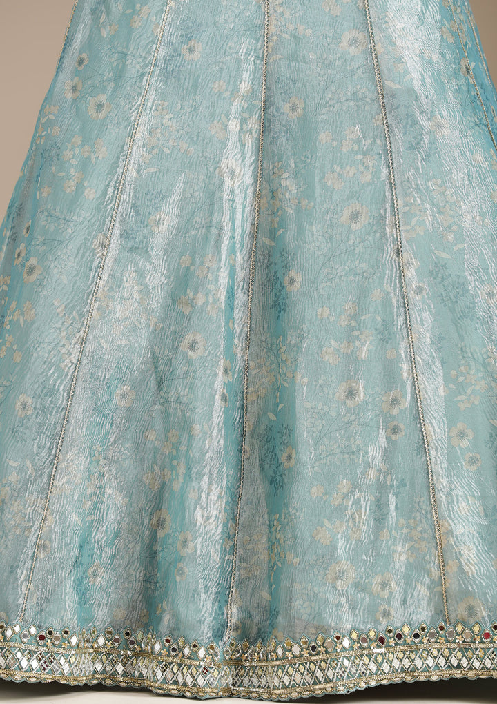 Sea Green Mirrorwork Organza Readymade Lehenga