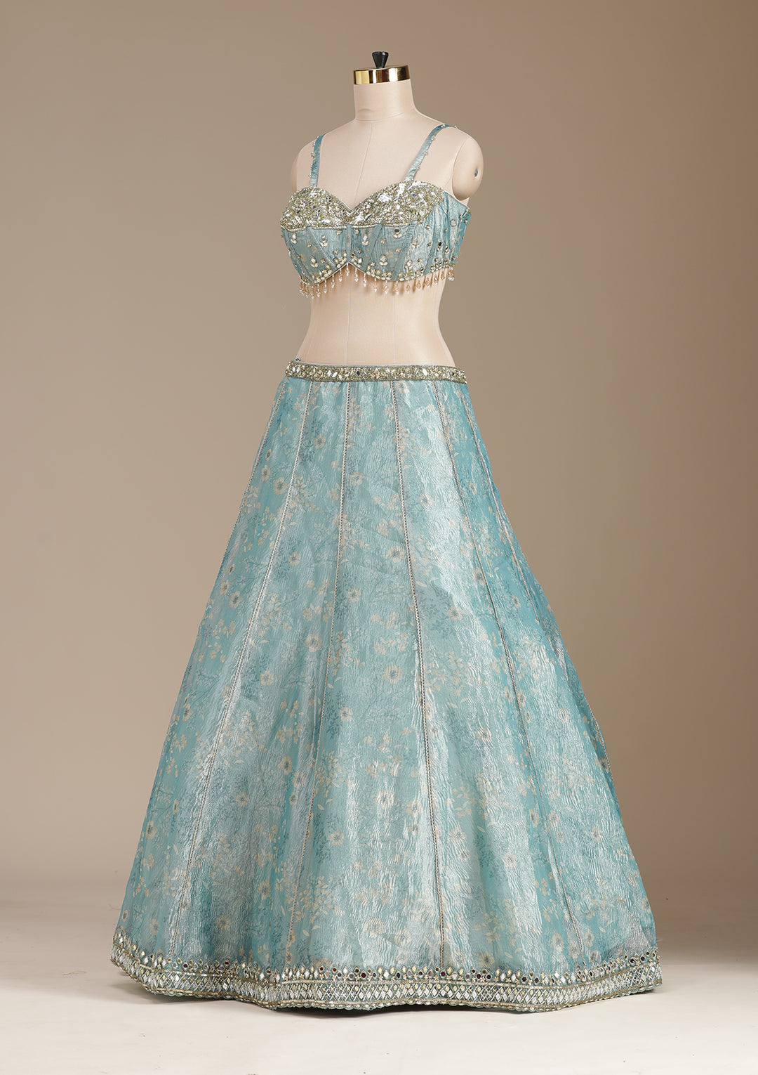Sea Green Mirrorwork Organza Readymade Lehenga