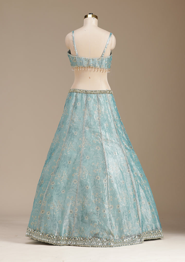 Sea Green Mirrorwork Organza Readymade Lehenga
