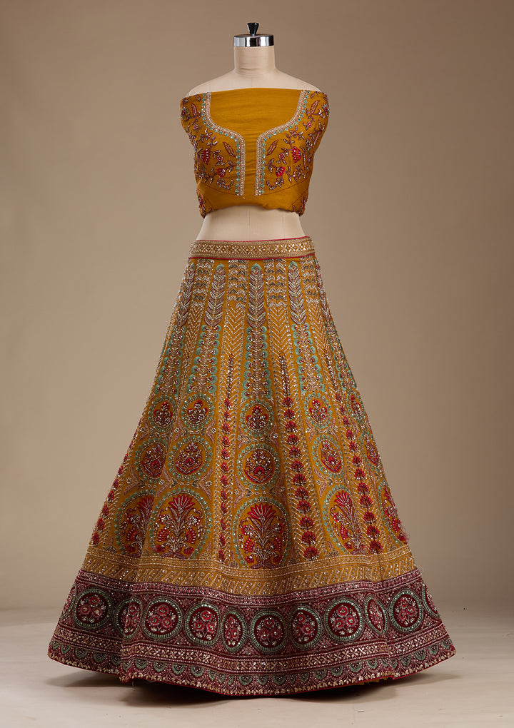 Mustard Zardosi Raw Silk Semi-Stitched Lehenga