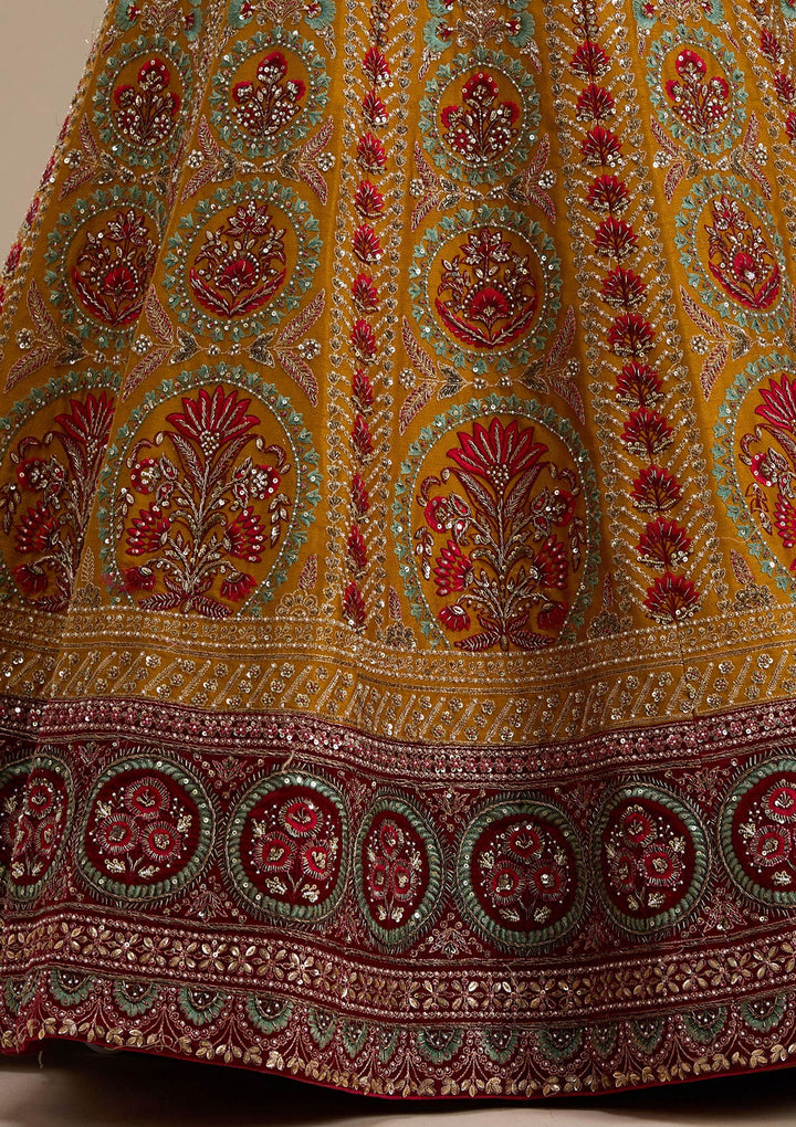 Mustard Zardosi Raw Silk Semi-Stitched Lehenga