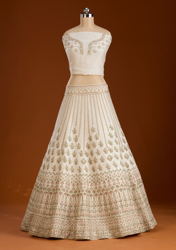 Cream Zardosi Raw Silk Semi-Stitched Lehenga