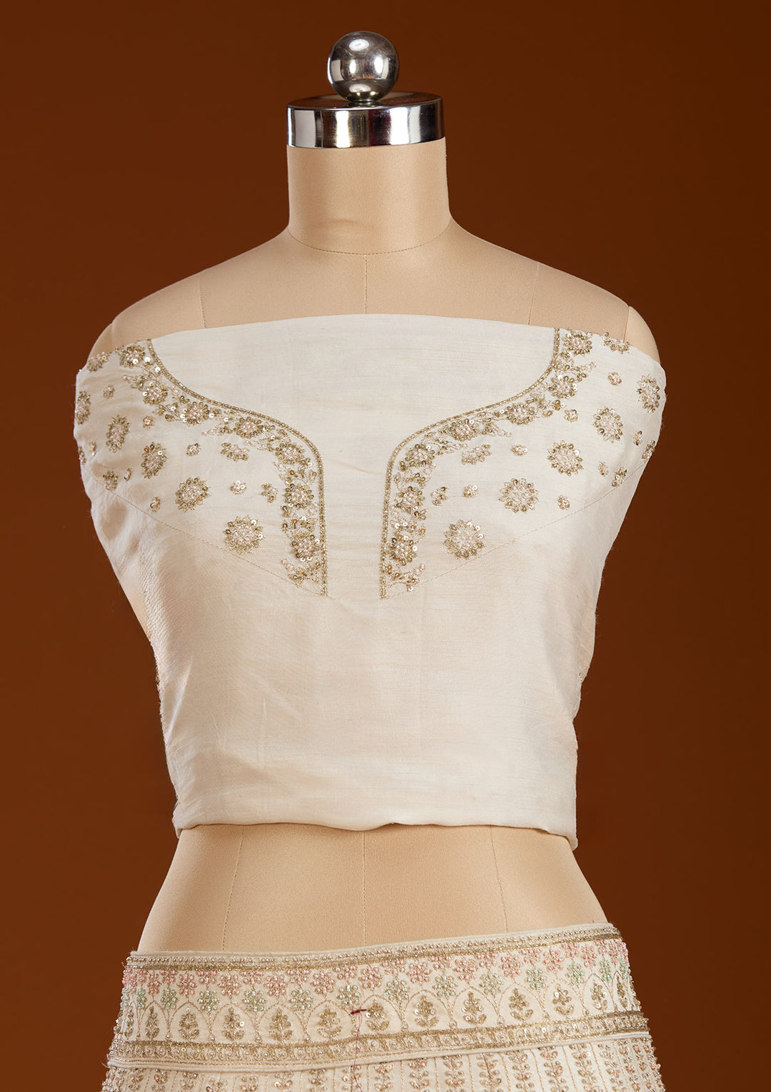 Cream Zardosi Raw Silk Semi-Stitched Lehenga