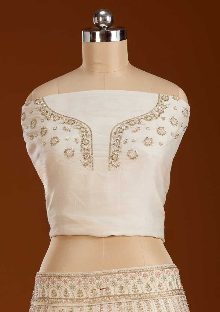 Cream Zardosi Raw Silk Semi-Stitched Lehenga