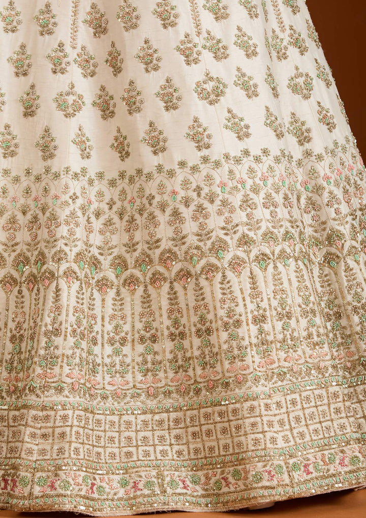 Cream Zardosi Raw Silk Semi-Stitched Lehenga