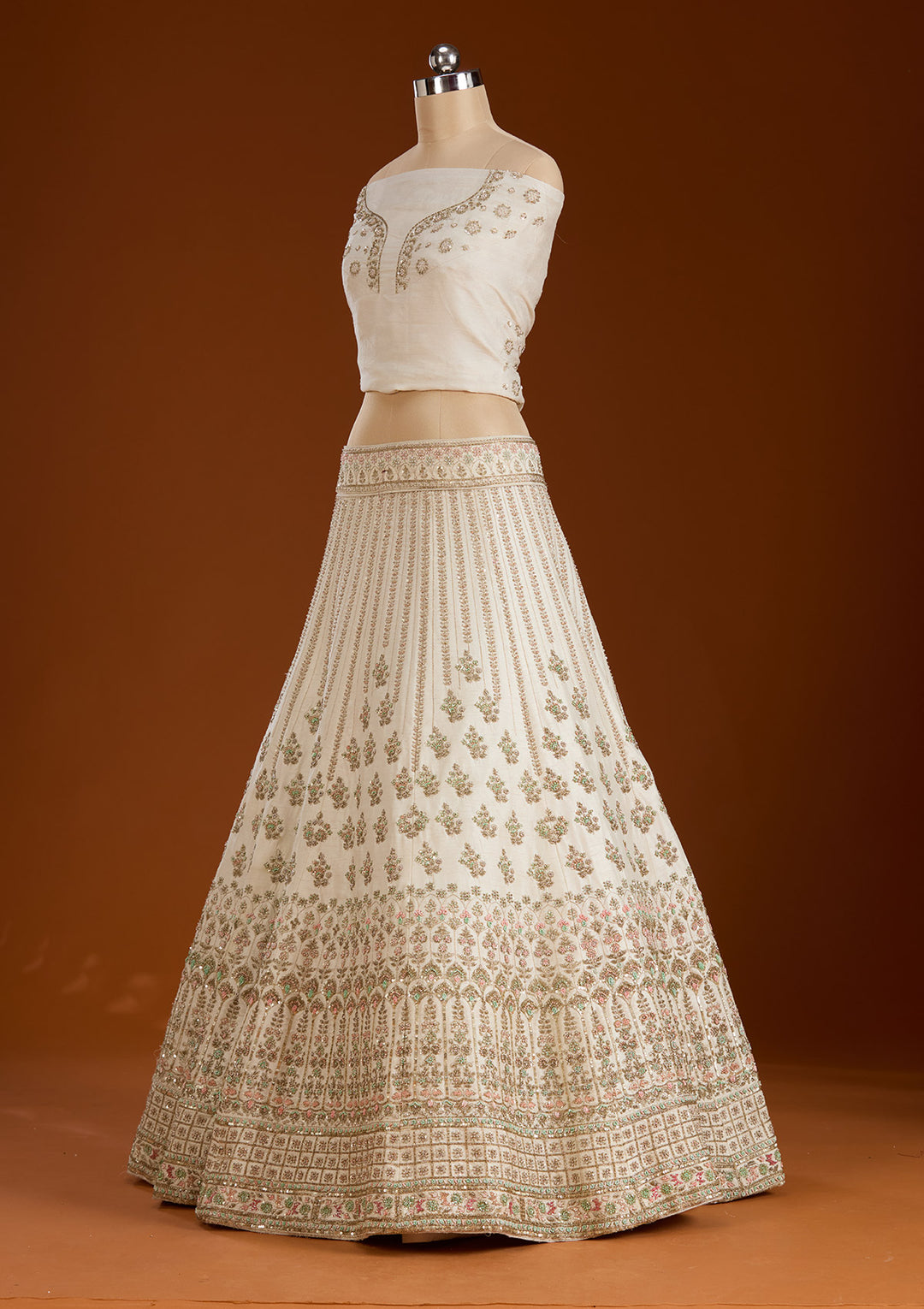 Cream Zardosi Raw Silk Semi-Stitched Lehenga