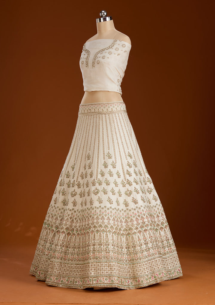 Cream Zardosi Raw Silk Semi-Stitched Lehenga