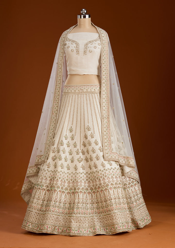 Cream Zardosi Raw Silk Semi-Stitched Lehenga