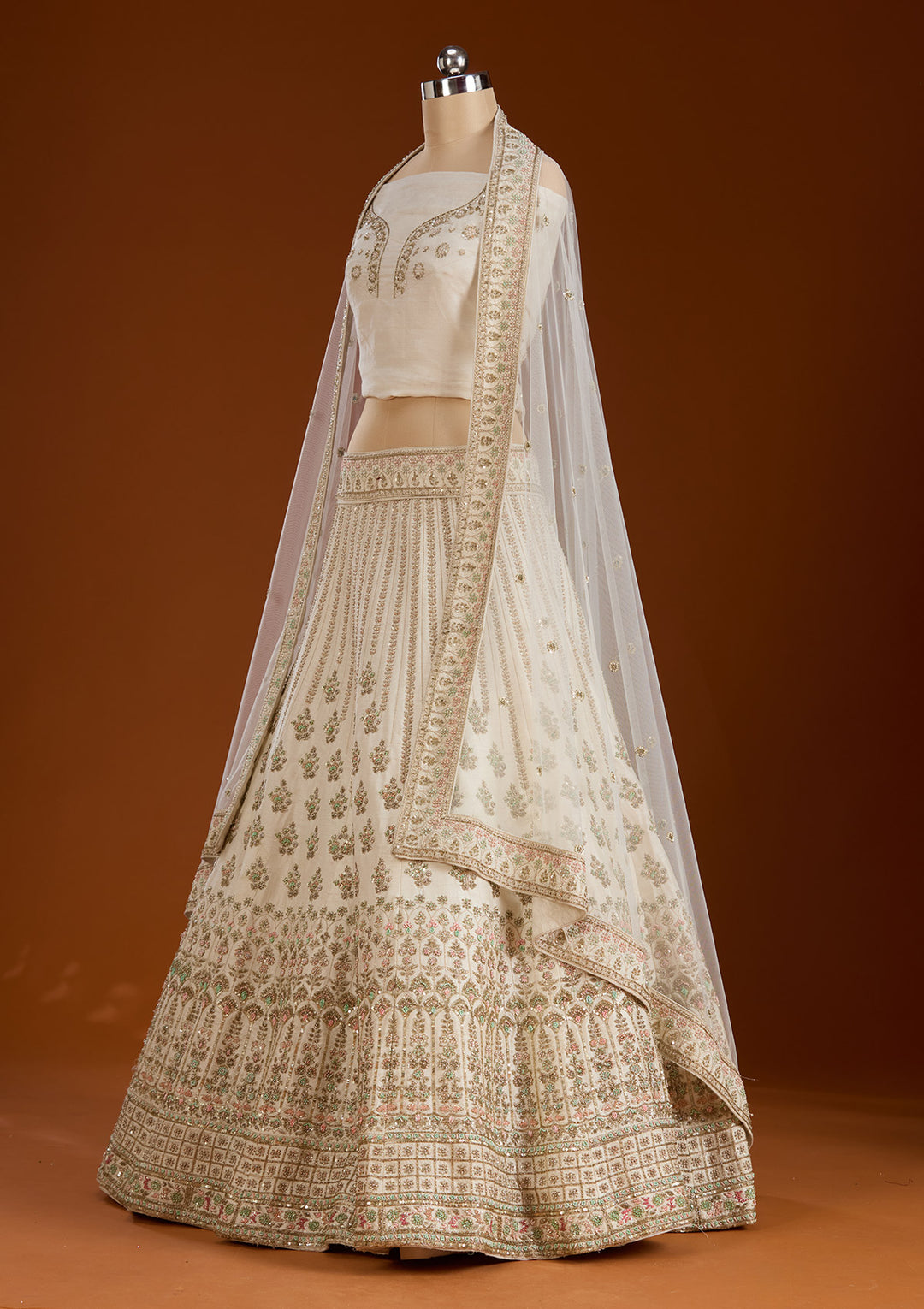 Cream Zardosi Raw Silk Semi-Stitched Lehenga