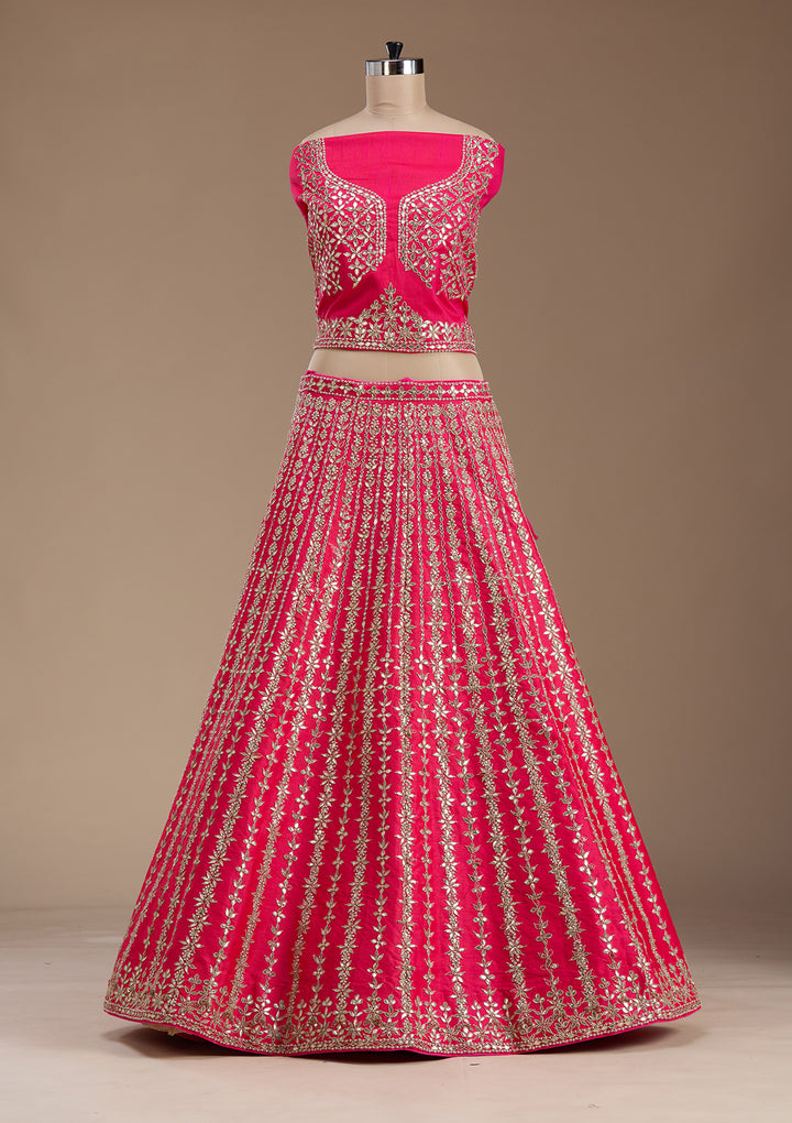 Pink Zardosi Raw Silk Semi-Stitched Lehenga