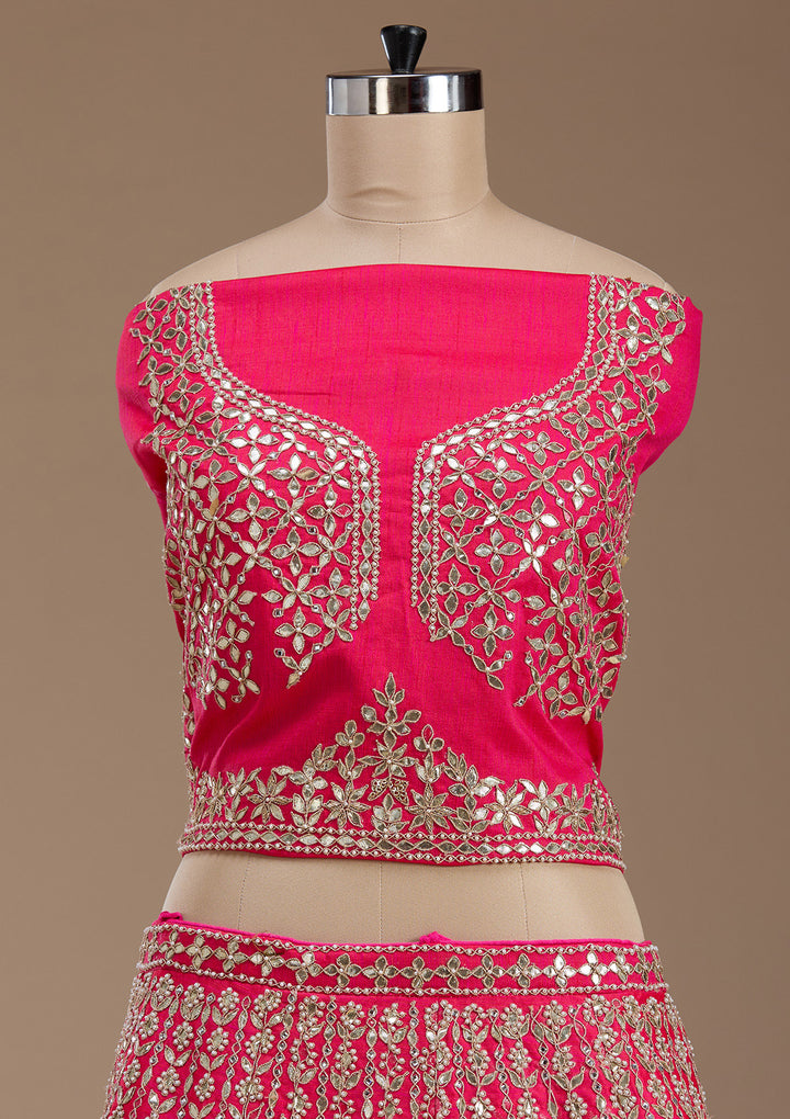 Pink Zardosi Raw Silk Semi-Stitched Lehenga
