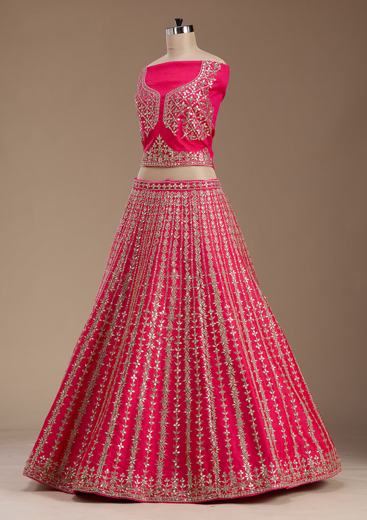 Pink Zardosi Raw Silk Semi-Stitched Lehenga