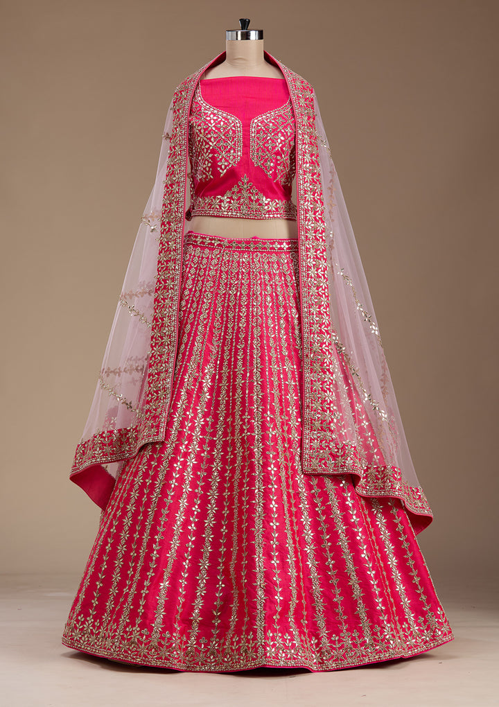 Pink Zardosi Raw Silk Semi-Stitched Lehenga