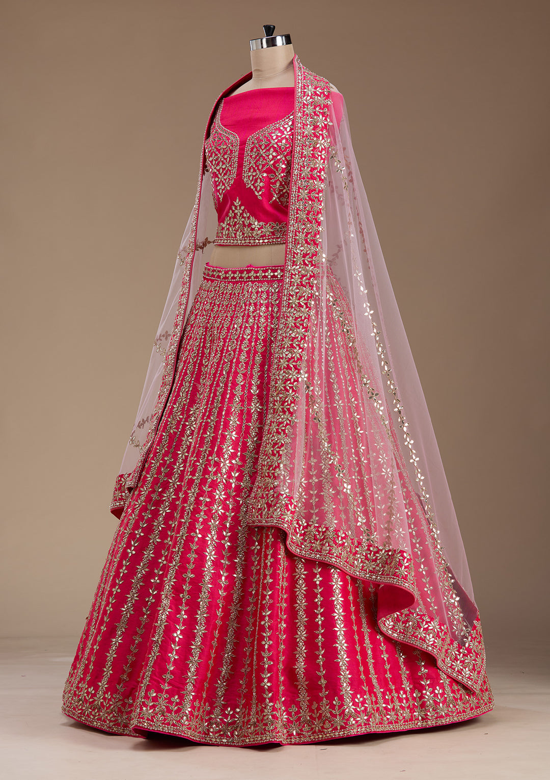 Pink Zardosi Raw Silk Semi-Stitched Lehenga