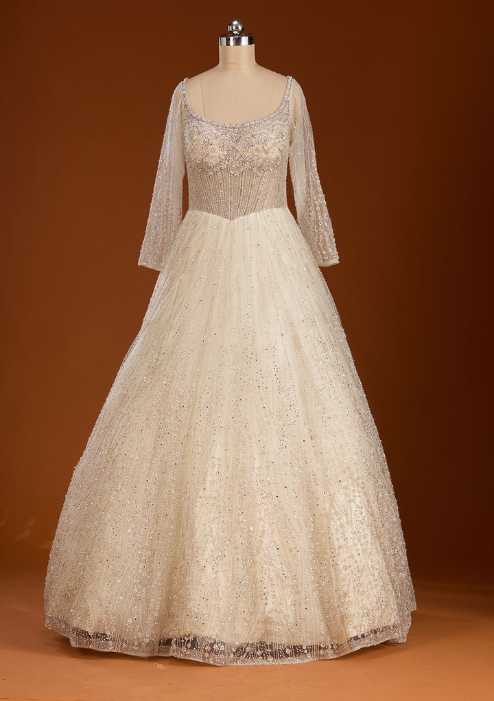 Cream Silver Stonework Net Readymade Lehenga