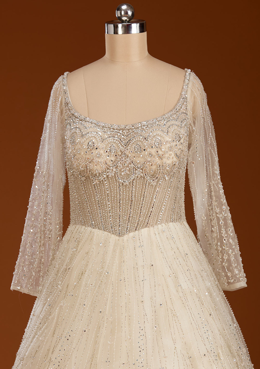 Cream Silver Stonework Net Readymade Lehenga