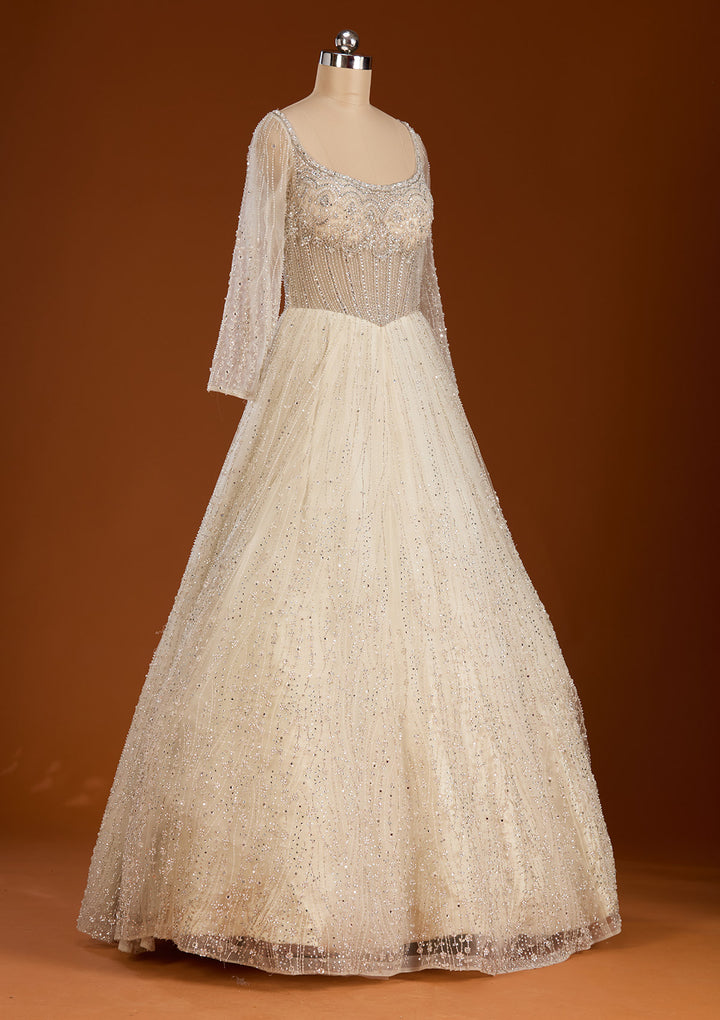 Cream Silver Stonework Net Readymade Lehenga