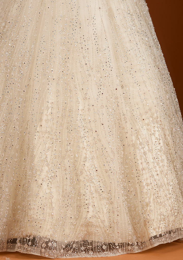 Cream Silver Stonework Net Readymade Lehenga