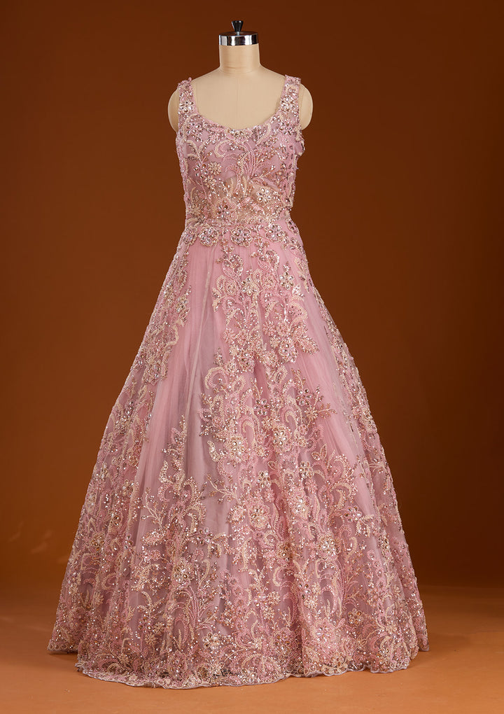 Pink Stonework Net Readymade Lehenga