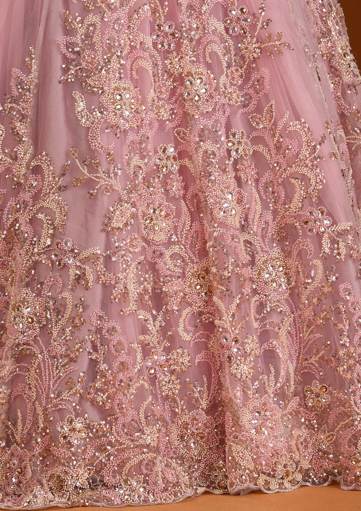 Pink Stonework Net Readymade Lehenga