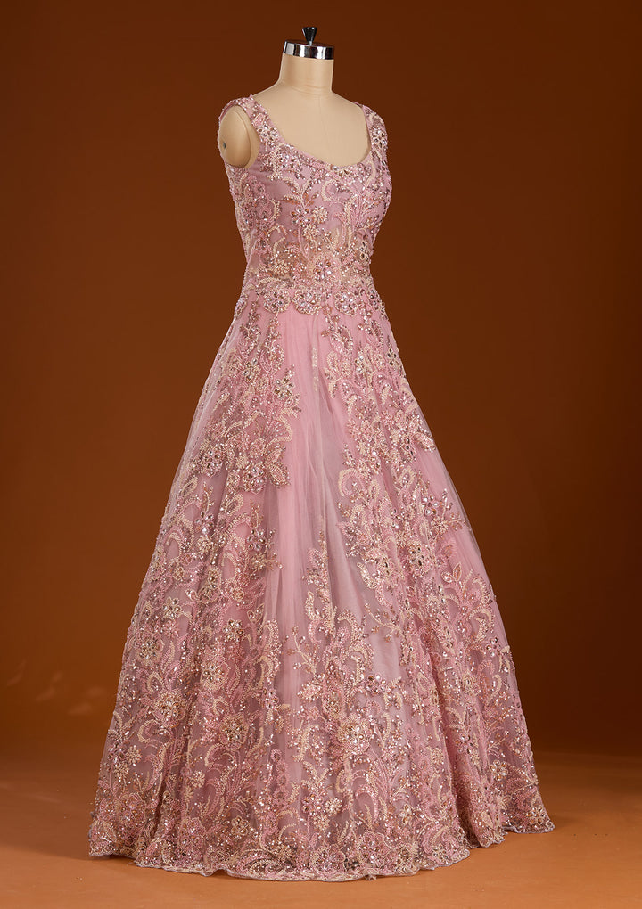Pink Stonework Net Readymade Lehenga