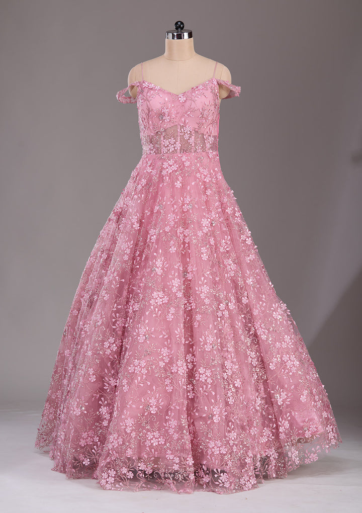 Baby Pink Applique Net Readymade Lehenga