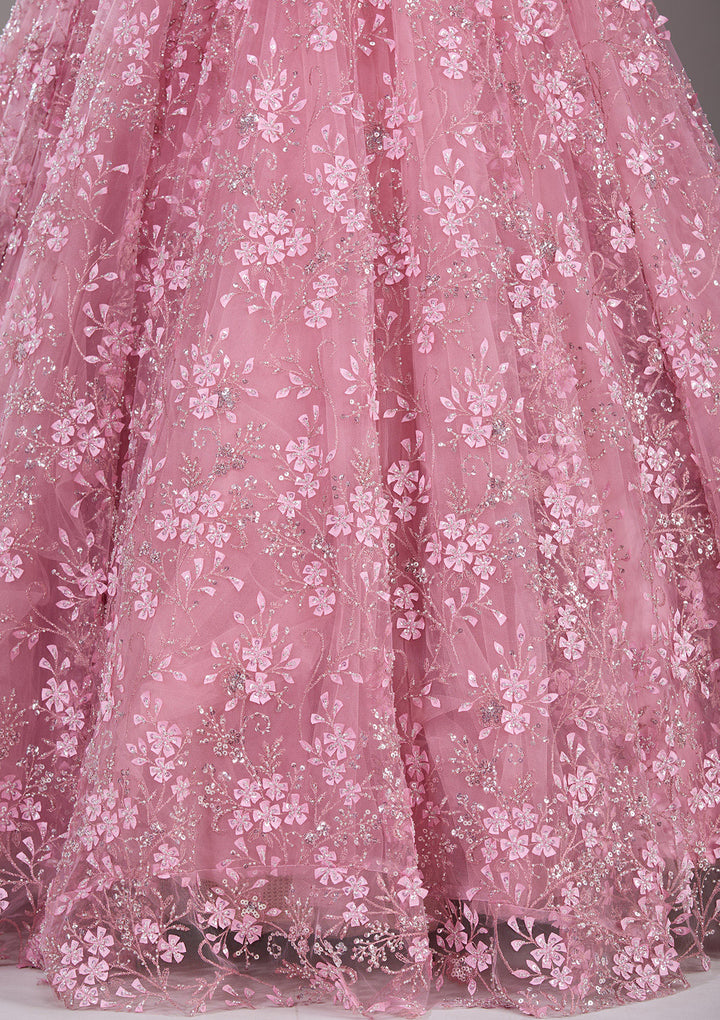 Baby Pink Applique Net Readymade Lehenga