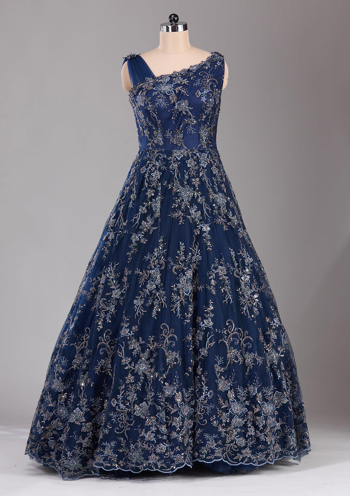 Navy Blue Threadwork Net Readymade Lehenga