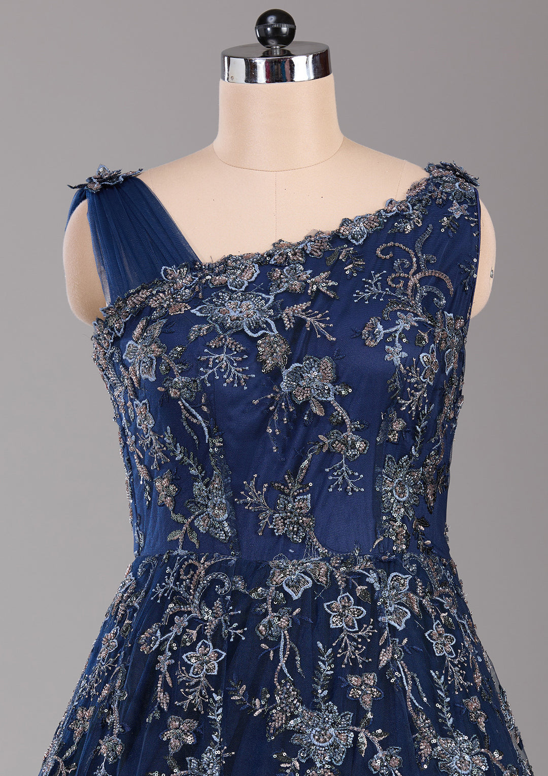 Navy Blue Threadwork Net Readymade Lehenga