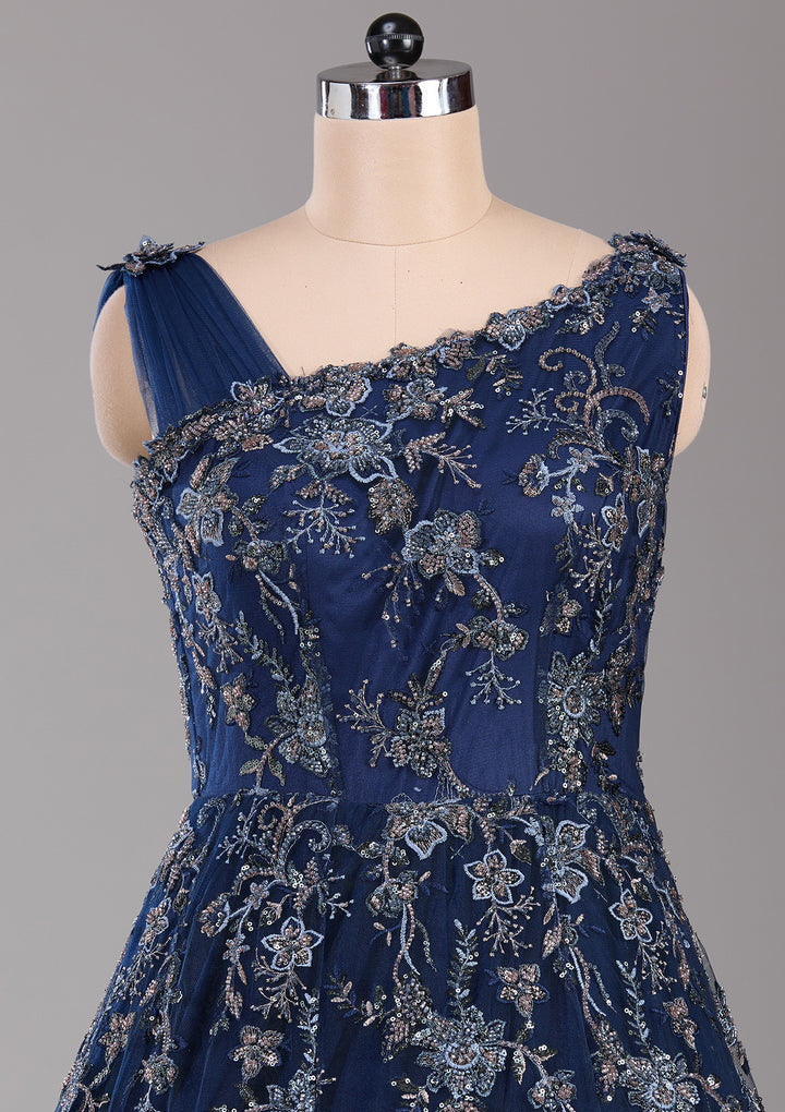 Navy Blue Threadwork Net Readymade Lehenga