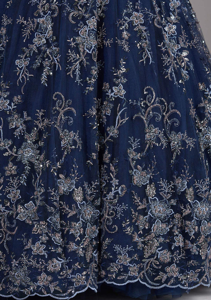 Navy Blue Threadwork Net Readymade Lehenga