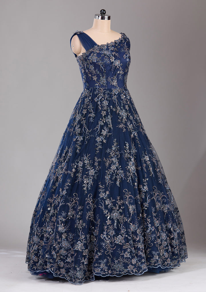 Navy Blue Threadwork Net Readymade Lehenga