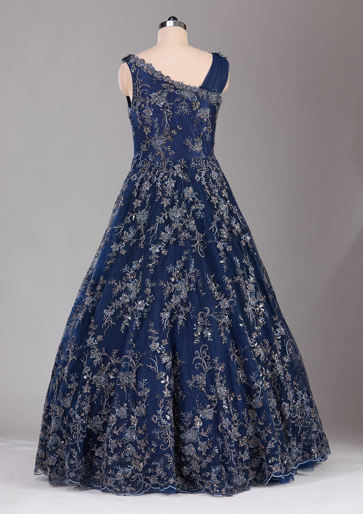 Navy Blue Threadwork Net Readymade Lehenga