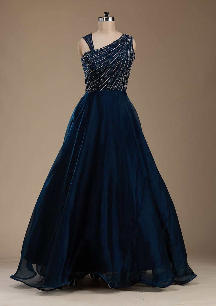 Navy Blue Stonework Satin Gown